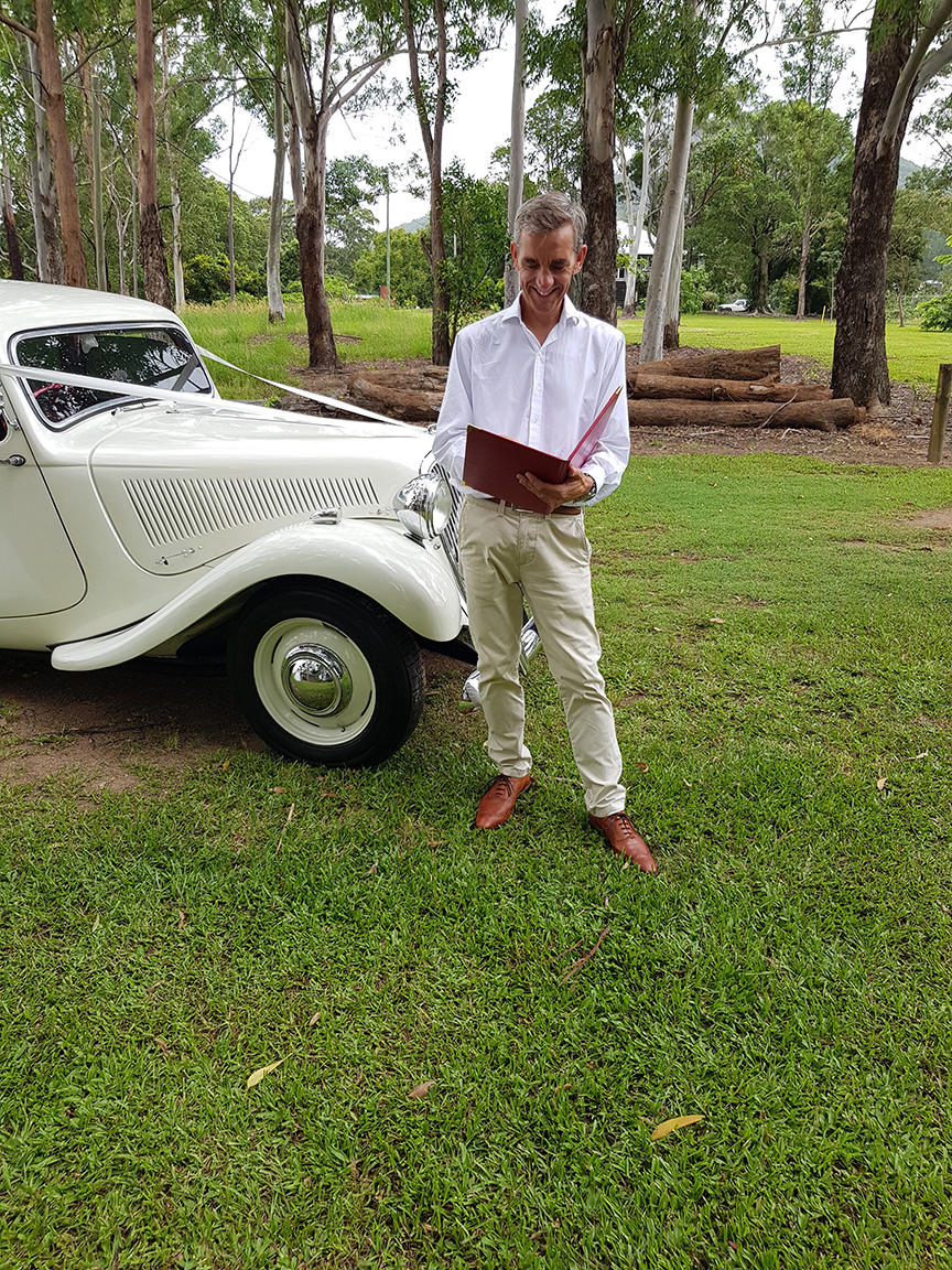 James Dennison, the Sunny Coast Celebrant, rehearsing for a relatively informal bush wedding